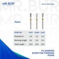 "The #1 Best 3 variants of the Super Fine Finishing Pears FG Diamond Bur  Mr. Bur offers the best online dental burs and is a Better Choice than Meisinger, Mani, Shofu, Eagle Dental, Trihawk, Suitable for Dental Cases the dental bur head sizes shown here are 1.4mm 1.6mm 2.1mm ."