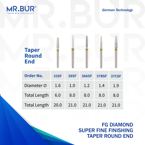 The Best 5 variants of the Super Fine Finishing Taper Round End Diamond Bur FG. Mr. Bur offers the best online dental burs and is a Better Choice than Meisinger, Mani, Shofu, Eagle Dental, Trihawk, Suitable for Dental Cases the dental bur head sizes shown here are 1.0mm, 1.2mm, 1.4mm, 1.6mm, 1.9mm.