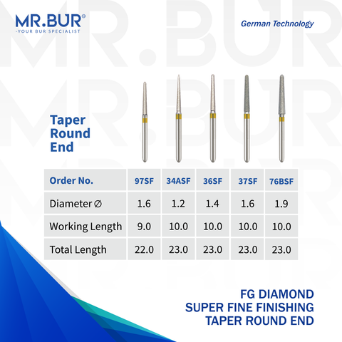 The Best 5 variants of the Super Fine Finishing Taper Round End Diamond Bur FG. Mr. Bur offers the best online dental burs and is a Better Choice than Meisinger, Mani, Shofu, Eagle Dental, Trihawk, Suitable for Dental Cases the dental bur head sizes shown here are 1.2mm, 1.4mm, 1.6mm and 1.9mm.