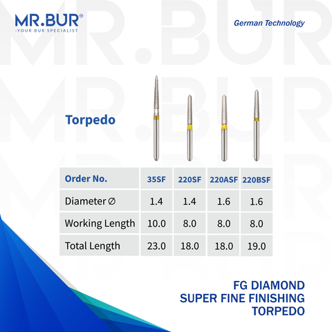 4 of the best variants of the Super Fine Finishing Torpedo Diamond Bur FG. Mr. Bur offers the best online dental burs and is a Better Choice than Meisinger, Mani, Shofu, Eagle Dental, Trihawk, Suitable for Dental Cases. The dental bur head sizes shown here are 1.4mm and 1.6mm.