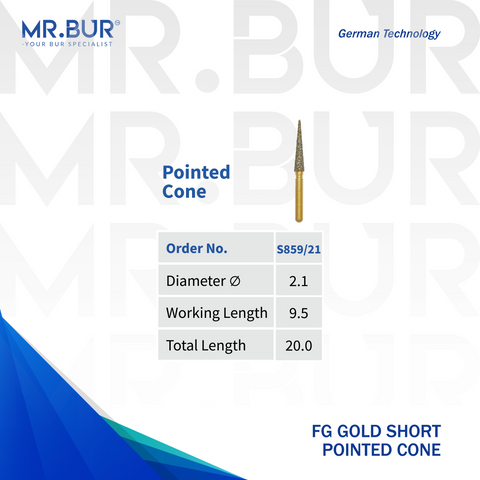 This is a variant of the #1 Best Gold Pointed Cone Diamond Bur Short FG. Mr. Bur offers the best online dental burs and is a Better Choice than Meisinger, Mani, Shofu, Eagle Dental, Trihawk, Suitable for Dental Cases. The dental bur head sizes shown here is 2.1mm.