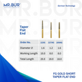 3 vaiants of the #1 Best Gold Taper Flat End Diamond Bur Short FG. Mr Bur offers the best online dental burs and is a Better Choice than Meisinger, Mani, Shofu, Eagle Dental, Trihawk, Suitable for Dental Cases. The dental bur head sizes shown here are  1.2mm, and 1.6mm.