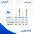 These are four variants of the #1 Best Gold Taper Round End Diamond Bur Short FG. Mr. Bur offers the best online dental burs and is a Better Choice than Meisinger, Mani, Shofu, Eagle Dental, Trihawk, Suitable for Dental Cases. The dental bur head sizes shown here are 1.4mm, 1.6mm, and 1.8mm.