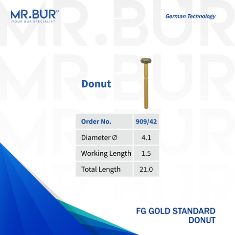 A variant of the #1 Best Gold Donut Diamond Bur FG, Mr Bur offers the best online dental burs and is a Better Choice than Meisinger, Mani, Shofu, Eagle Dental, Trihawk, Suitable for Dental Cases. The dental bur head sizes shown here  is 4.2mm