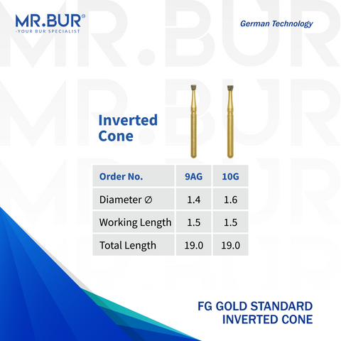 2 variants of the Best Gold Inverted Cone Diamond Bur FG. Mr Bur offers the best online dental burs and is a Better Choice than Meisinger, Mani, Shofu, Eagle Dental, Trihawk, Suitable for Dental Cases. The dental bur head sizes shown here are 1.4mm, and 1.6mm.