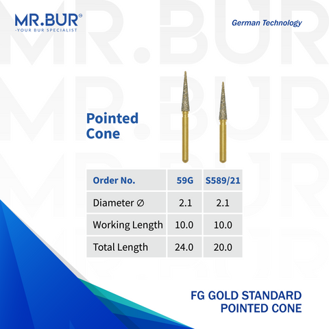 The #1 Best variant of the Gold Pointed Cone Diamond Bur FG. Mr Bur offers the best online dental burs and is a Better Choice than Meisinger, Mani, Shofu, Eagle Dental, Trihawk, Suitable for Dental Cases. The dental bur head sizes shown here is 2.1mm