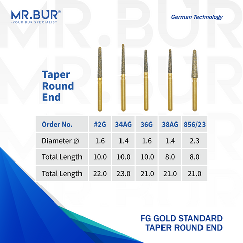 Mr. Bur Gold Taper Round End Diamond Bur FG, available in 5 variants, ensures precise cutting and smooth finishing for dental procedures, optimized for durability and efficiency.