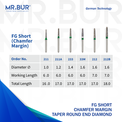 These are 6 variants of the Mini Taper Round End Coarse Chamfer FG Short Diamond Dental Bur that is sold by Mr Bur the best international diamond dental bur supplier the head sizes are 1.0mm 1.2mm 1.4mm 1.6mm.