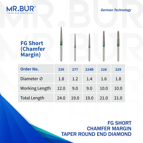 These are 5 variants of the Mini Taper Round End Coarse Chamfer FG Short Diamond Dental Bur that is sold by Mr Bur the best international diamond dental bur supplier the head sizes are 1.2mm 1.4mm 1.6mm 1.8mm.