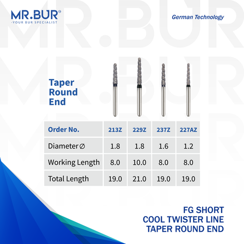 The Best 4 variants of the Taper Round End Spiral Cool Cut Super Coarse FG Short Diamond Bur, Mr Bur offers the best online dental burs and is a Better Choice than Meisinger, Mani, Shofu, Eagle Dental, Trihawk, Suitable for Dental Cases. The dental bur head sizes shown here are 1.2mm, 1.6mm, and 1.8mm.