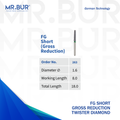 This is one of variants of the Mini Bulk Reduction Twister Coarse FG Short Diamond Bur sold by Mr Bur the best international dental bur supplier the head size shown here is 1.6mm.