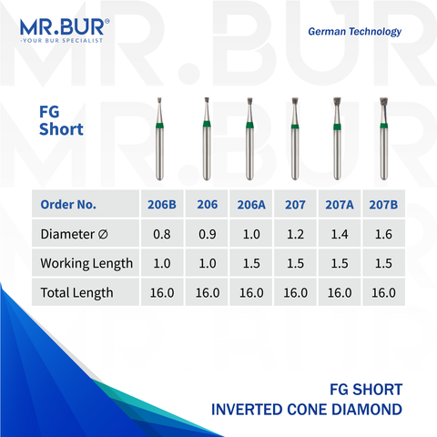 These are 6 FG Mini Inverted Cone diamond dental burs sold by Mr Bur the best seller of diamond dental burs in the world