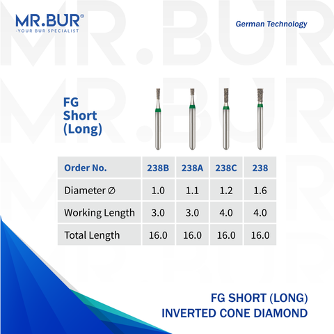 These are 4 FG Mini Long Inverted Cone diamond dental bur sold by Mr Bur the best supplier of diamond dental burs that supplies internationally