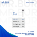 This is a variant of the Occlusal Surface Reduction Mini Double Cone Coarse FG Short Diamond Bur sold by Mr Bur the best international dental diamond bur supplier the head size shown here is 3.1 mm.