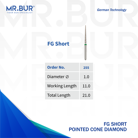 This is one of the variants of the Mini Pointed Cone FG Short Diamond Bur sold by Mr Bur the best international dental diamond bur supplier the dental bur head sizes shown here are 1.0mm.