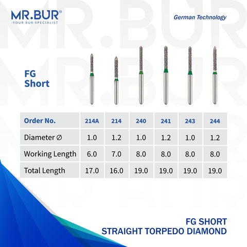 6 variations of Mr. Bur mini straight torpedo diamond bur FG short which are designed for precision contouring in tight spaces, ensuring efficient cutting and smooth finishing in restorative procedures.