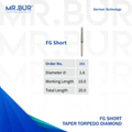 This is one of the Mr. Bur taper torpedo diamond bur FG short, ideal for precise contouring in limited access areas, offering efficient cutting and smooth finishing in restorative and prosthetic procedureses.