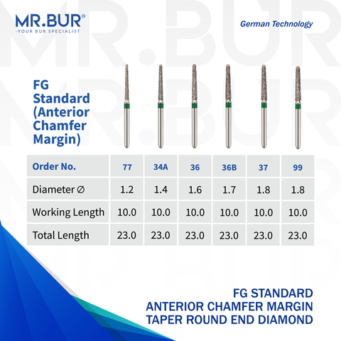 These are 6 variants of the Taper Round End Coarse chamfer FG Diamond Dental Bur sold by Mr Bur the best international dental diamond bur supplier the head sizes are 1.2mm 1.4mm 1.6mm 1.7mm and 1.8mm.