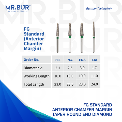 These are 4 variants of the Taper Round End Coarse chamfer FG Diamond Dental Bur sold by Mr Bur the best international dental diamond bur supplier the head sizes are 1.7mm 2.1mm 2.5mm 3.0mm.