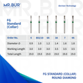 These are 6 FG round diamond dental burs with collar that are sold in multiple sizes ranging from 0.9 to 1.8 by mr Bur the best international dental diamond bur supplier for dentists and dental technicians.