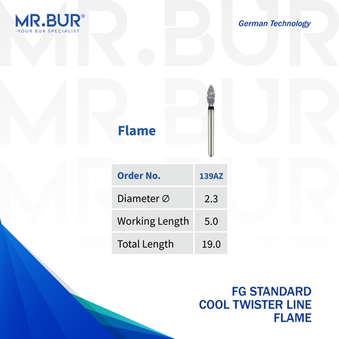 This is a variant of the Cool Twister Line Super Coarse Flame FG Diamond Bur sold by Mr. Bur the best international supplier of dental burs the head size shown here is 2.3mm.