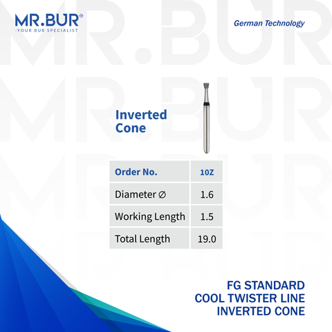 This is a variant of the FG Standard Cool Twister Line Inverted Cone Super Coarse Diamond Bur sold by Mr. Bur the best international supplier of dental burs the head size shown here is 1.6mm.