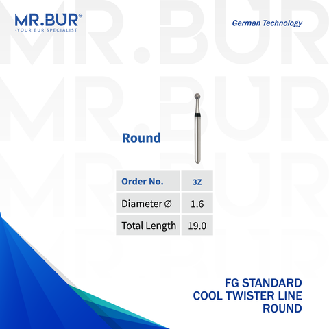 This is a variant of the Round Ball Spiral Cool Cut Super Coarse FG Standard Diamond Bur sold by Mr. Bur the best international dental bur supplier the head size shown here is 1.6mm.