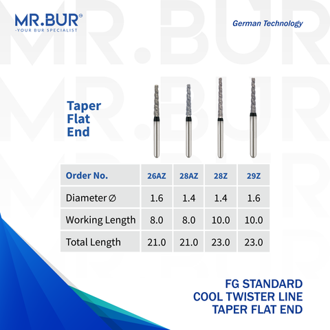 These are four variants of the Cool Twister Line Super Coarse Taper Flat End FG Diamond Bur sold by Mr. Bur the best international supplier of dental burs the dental bur head sizes shown here are 1.4mm and 1.6mm.