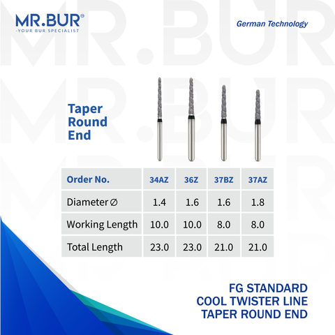 These are four variants of the Cool Twister Line Super Coarse Taper Round End FG Diamond Bur sold by Mr. Bur the best international supplier of dental burs the dental bur heads are 1.4mm 1.6mm and 1.8mm.