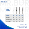 These are four variants of the Cool Twister Line Super Coarse Taper Torpedo FG Diamond Bur sold by Mr. Bur the Best international dental bur supplier the dental bur head sizes shown here are 1.2mm 1.4mm 1.6mm.