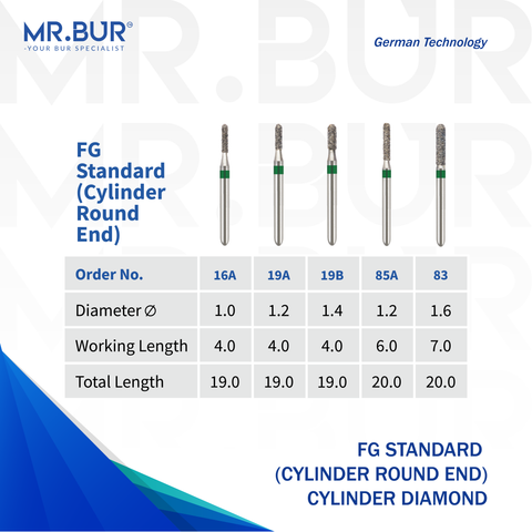 Mr. Bur Cylinder Round End Diamond FG Standard Bur is designed for precise tooth preparation, ensuring smooth cutting efficiency and durability in restorative procedures.