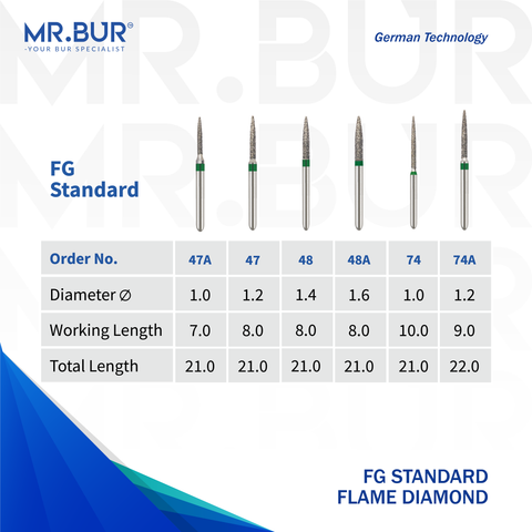 These are 6 variants of the Flame Coarse FG diamond bur sold by Mr Bur the best international diamond dental burs the head sizes shown are 1.0mm 1.2mm 1.4mm 1.6mm.