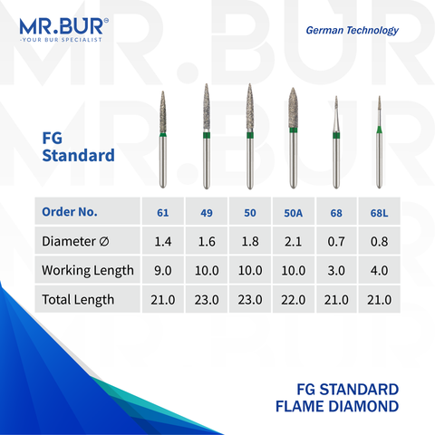 Six variants of the Flame Coarse FG diamond dental bur sold by Mr Bur the best international diamond dental burs the head sizes shown are 0.7mm 0.8mm 1.4mm 1.6mm 1.8mm and 2.1mm.