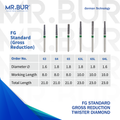 These are six of the Bulk Reduction Twister Coarse FG Diamond Bur sold by Mr Bur the best international diamond dental bur supplier the dental bur head sizes shown here are 1.6mm and 1.8mm.