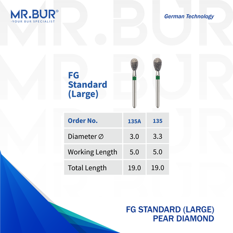 This image shows 2 FG Pear dental burs sold internationally by Mr Bur the best dental supplier