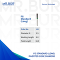 These is the FG Long Inverted Cone diamond dental bur variation sold with a head sizes 0f range 2.5mm by mr bur the best diamond bur supplier in the world