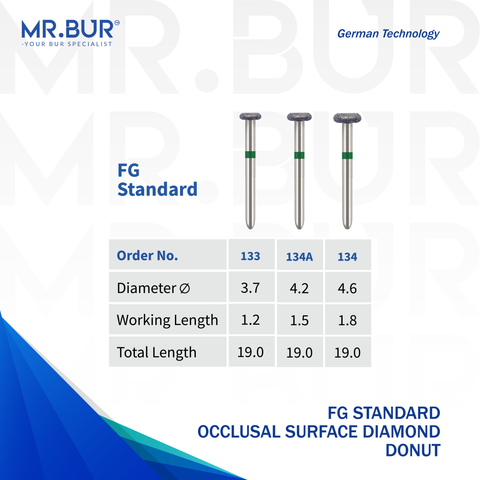 These are 3 variants of the Occlusal Surface Reduction Donut Coarse FG Diamond Bur sold by Mr Bur the best international dental diamond bur supplier the dental bur head sizes shown here are 3.7mm 4.2mm 4.6mm.