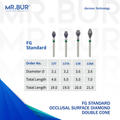 These are 4  the Occlusal Surface Reduction Double Cone Coarse FG Diamond Bur sold by Mr Bur the best international dental diamond bur supplier the dental bur head sizes shown here are 3.1mm 3.2mm and 3.6mm.