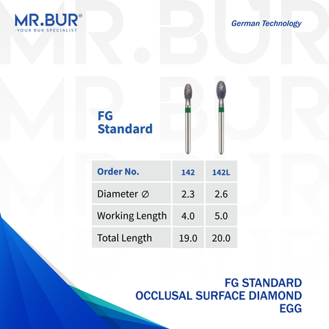 These are 2 variants of the Occlusal Surface Reduction Egg Coarse FG Diamond Bur sold by Mr Bur the best international dental diamond bur supplier the dental bur head sizes shown here are 2.3mm and 2.6mm.