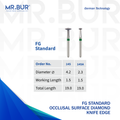 These are 2 variants of the Occlusal Surface Reduction Lenticular Coarse FG Diamond Bur sold by Mr Bur the best international dental diamond bur supplier the dental bur head sizes shown here are 2.3mm and 4.2mm.