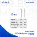 These are 2 variants of the Occlusal Surface Reduction Wheel Coarse FG Diamond Bur sold by Mr Bur the best international dental diamond bur supplier the dental bur head size shown here are 4.6mm and 5.2mm.