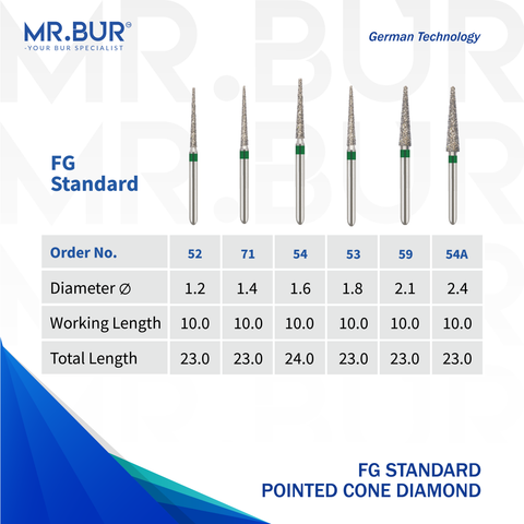 6 variants of the Pointed Cone Coarse FG Diamond Bur sold by Mr Bur the best international dental diamond bur supplier the dental bur head sizes shown here are 1.2mm 1.4mm 1.6mm 1.8mm 2.1mm 2.4mm.