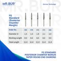 These are 5 variants of the Taper Round End Coarse chamfer FG Diamond Dental Bur sold by Mr Bur the best international dental diamond bur supplier the head sizes are 1.4mm 1.6mm 1.8mm 2.0mm 2.1mm.