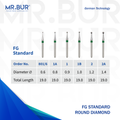 This is the FG diamond dental round burs and it shows that it is sold in the following head sizes 0.6 0.8 0.9 1.0 1.2 and 1.4 by Mr Bur Global