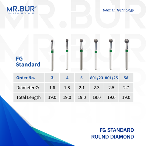 This is the FG diamond dental round burs and it shows that it is sold in the following head sizes 1.6 1.8 2.1 2.3 2.5 and 2.7 by Mr Bur Global