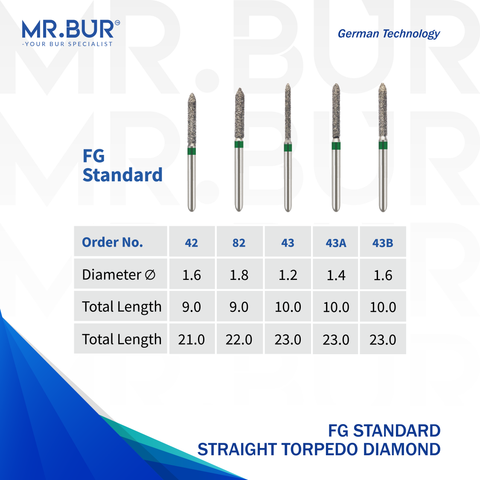 These are 5 variation of Mr. Bur straight torpedo diamond bur FG, designed for precise contouring and finishing in restorative procedures, ensuring efficient cutting and smooth surface refinement.