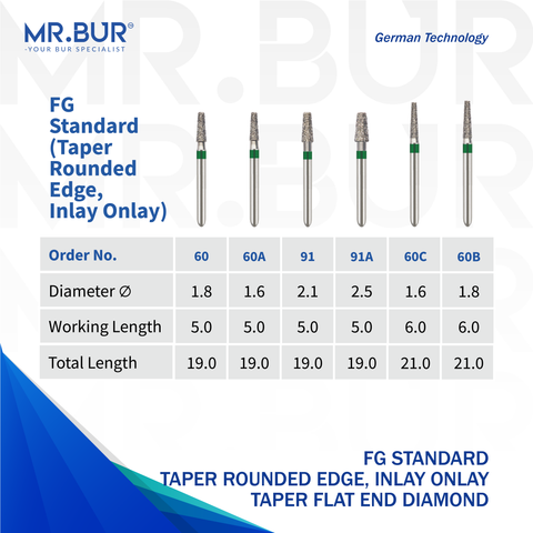 These are 6 variants of the Taper Flat End Coarse Inlay Onlay FG diamond dental bur sold by Mr Bur the best supplier of diamond dental burs to dentists and dental labs.