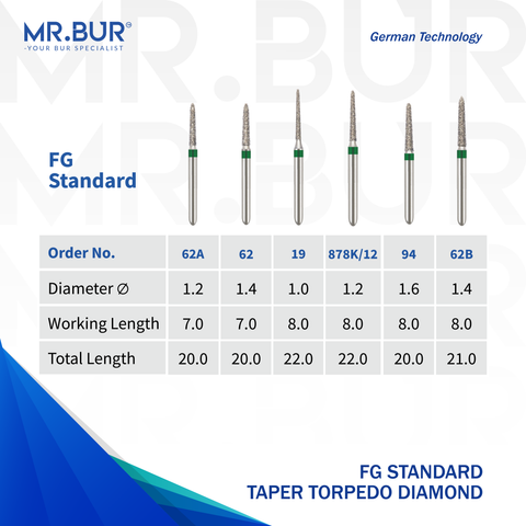 These are 6 varies Mr. Bur Taper Torpedo Diamond Bur FG, designed for precise contouring and fine finishing in restorative and prosthetic procedures, ensuring optimal cutting efficiency and smooth surface results.