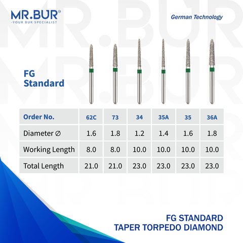 These are 6 varies Mr. Bur Taper Torpedo Diamond Bur FG, designed for precise contouring and fine finishing in restorative and prosthetic procedures, ensuring optimal cutting efficiency and smooth surface results.