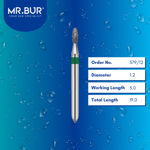 Mr. Bur Occlusal Surface Reduction Egg Coarse Diamond Bur FG 379/12, 1.2mm, designed for precise occlusal adjustments, efficient enamel reduction, and smooth contouring.